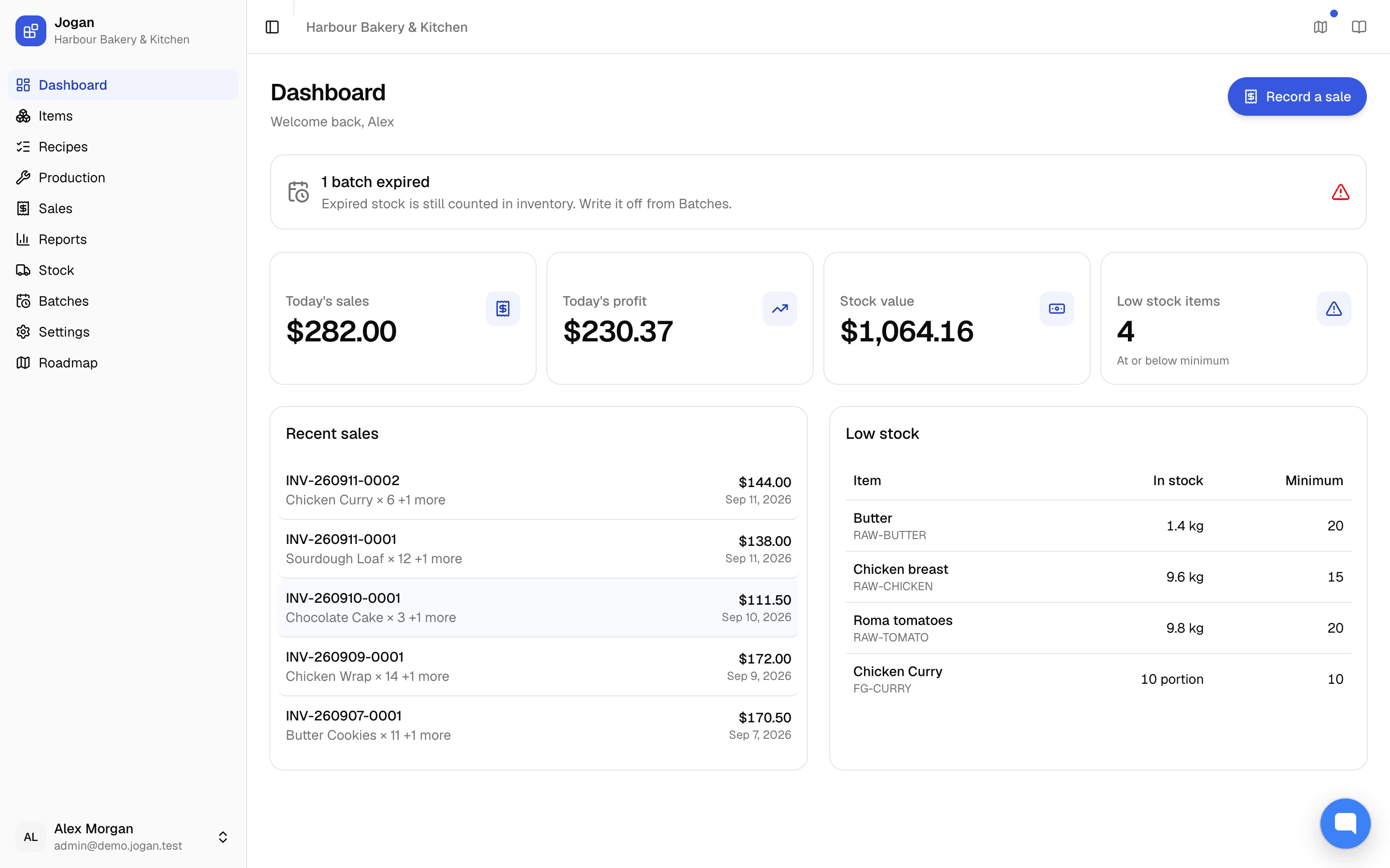 Jogan dashboard showing today's sales and profit, total stock value, a count of low-stock items, an expired-batch warning, recent invoices and a low-stock list